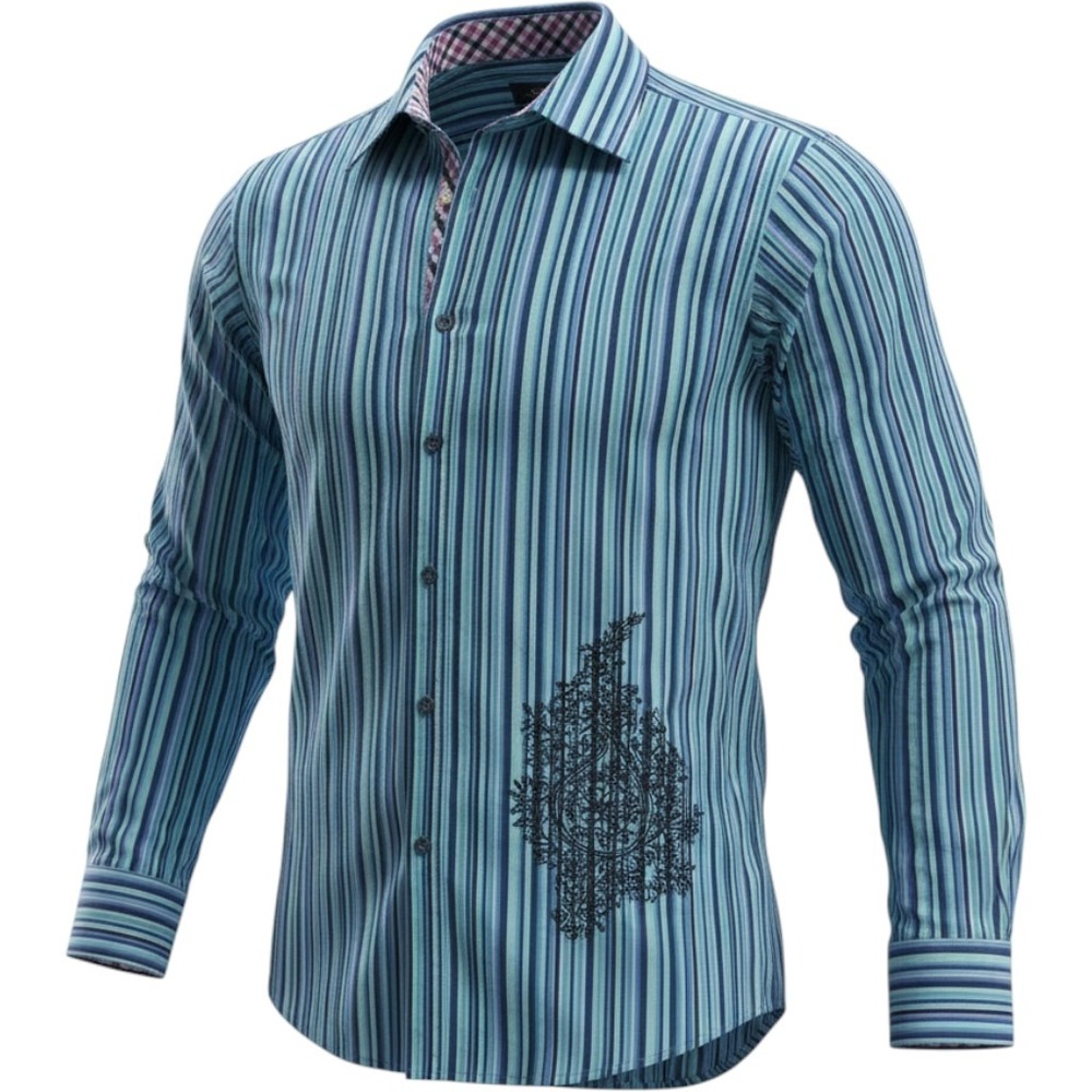Robert Graham Mens Blue Striped Embroidered Graphic Button Down Shirt Size M
